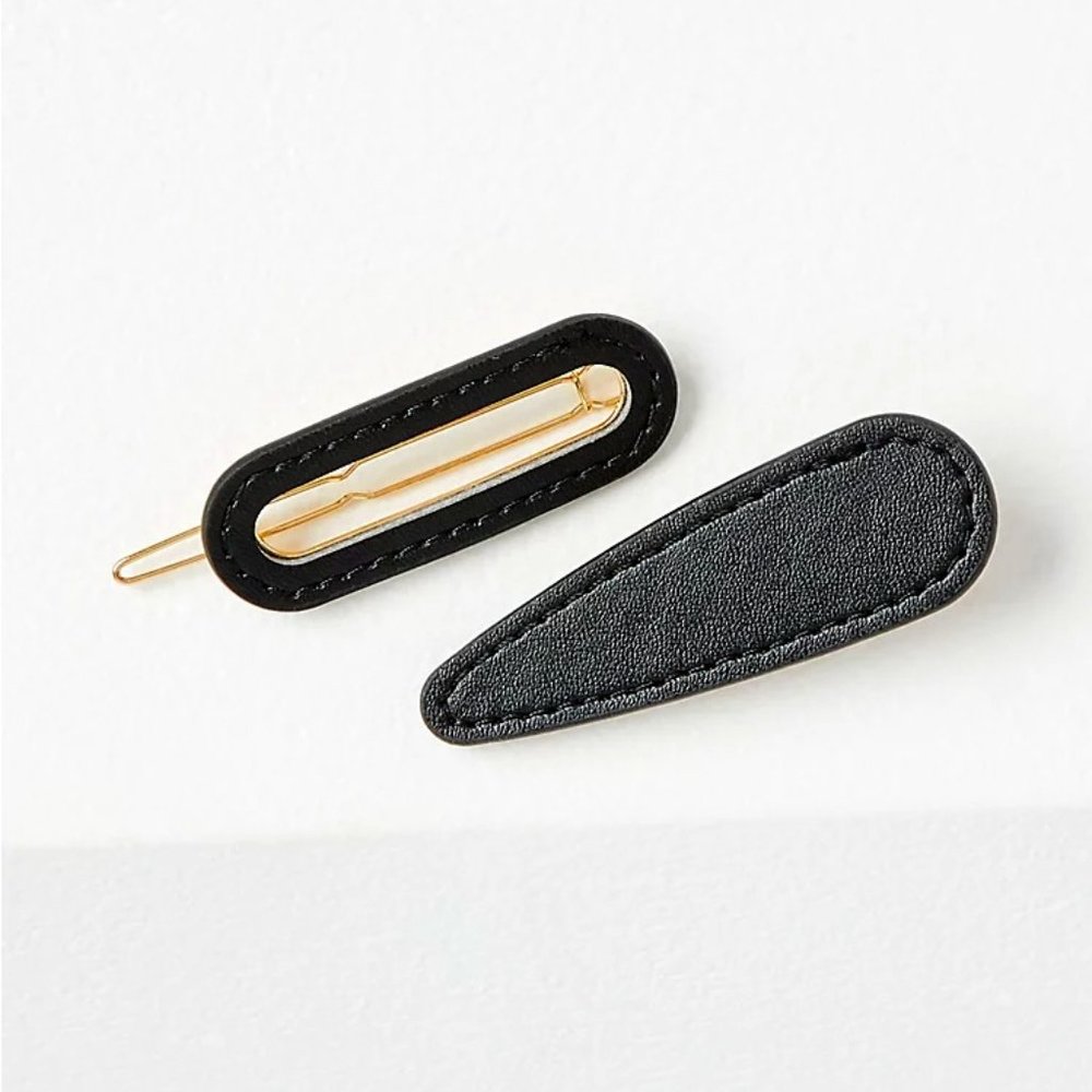 NEW Loft Black Faux Leather Hair Barrette Clip Set Bundle Preppy Academia